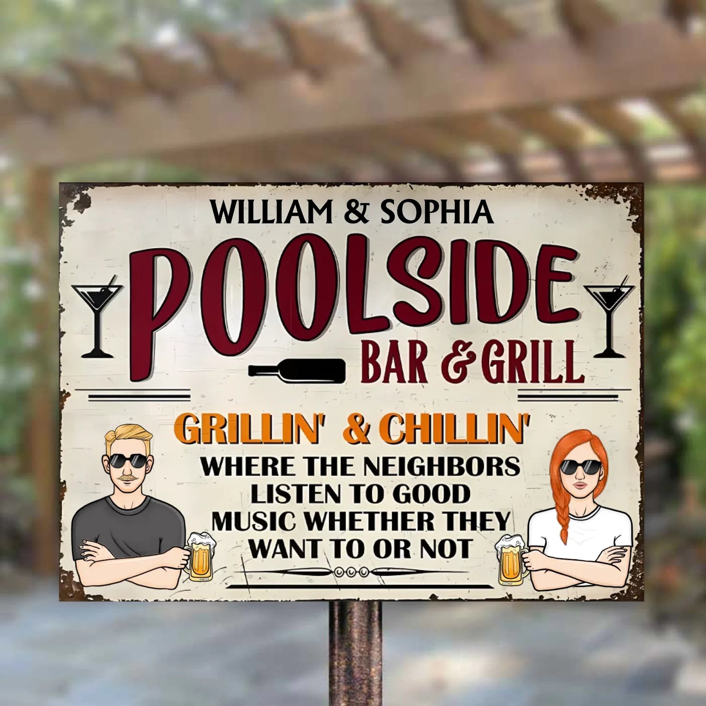 Poolside Bar & Grill Listen To Good Music - Personalized Horizontal Metal Sign - Gifts For Couple