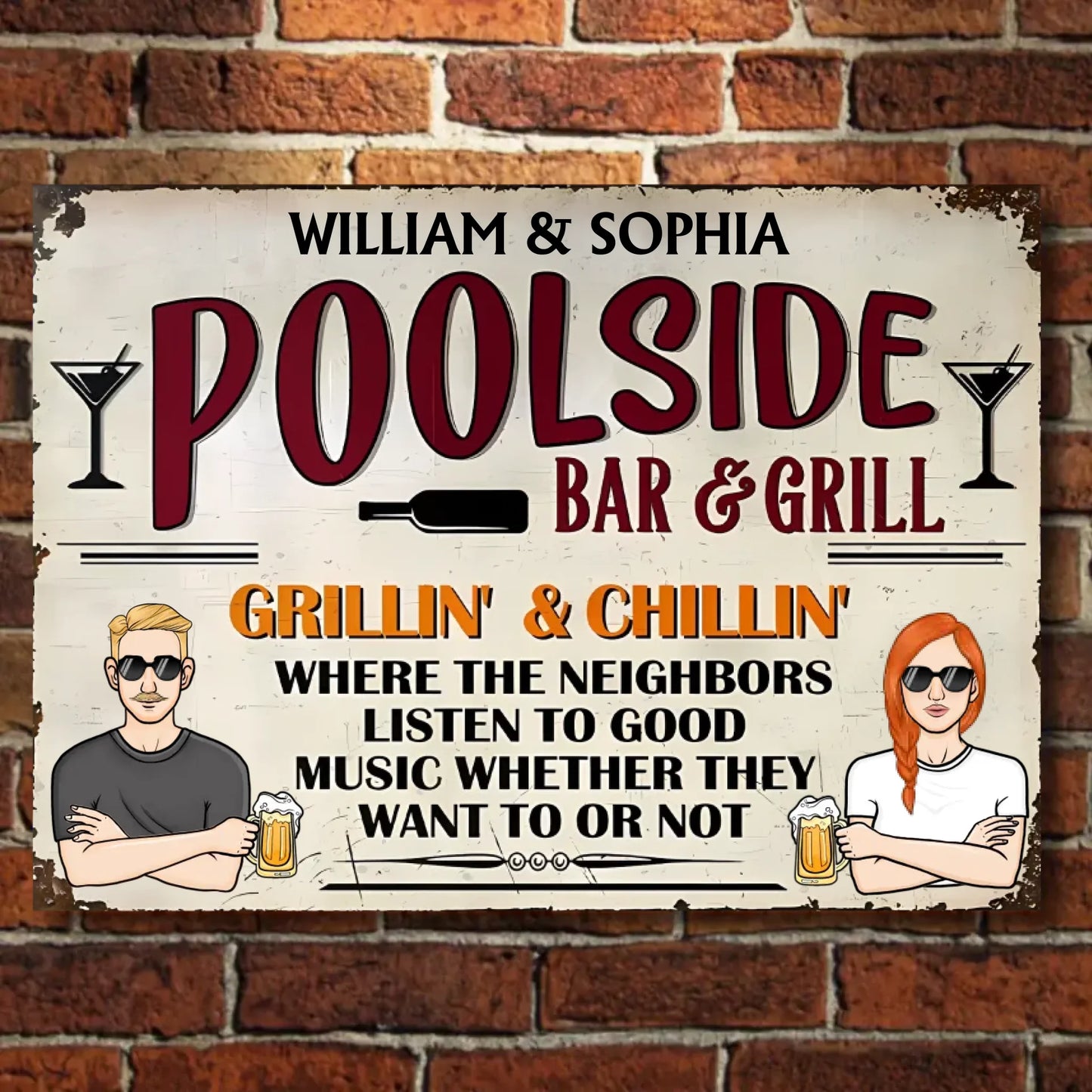 Poolside Bar & Grill Listen To Good Music - Personalized Horizontal Metal Sign - Gifts For Couple