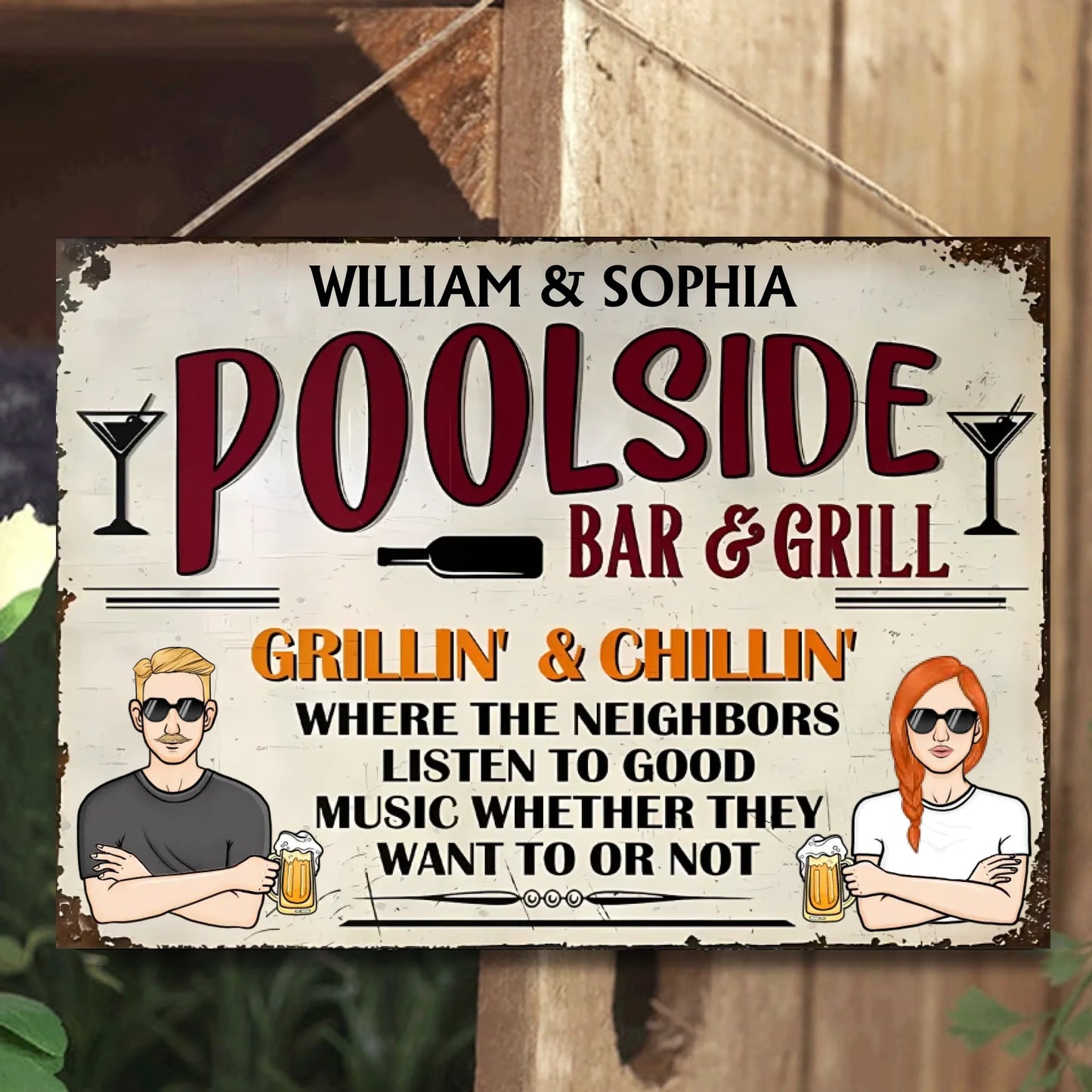 Poolside Bar & Grill Listen To Good Music - Personalized Horizontal Metal Sign - Gifts For Couple