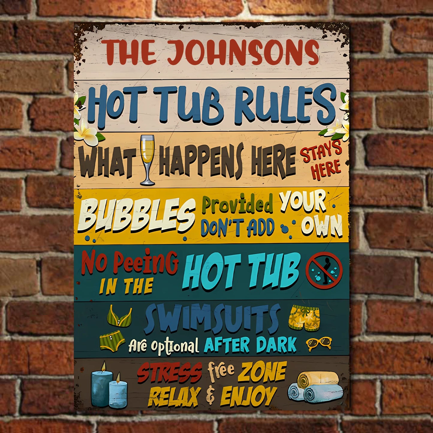 Hot Tub Rules Personalized Horizontal Metal Sign