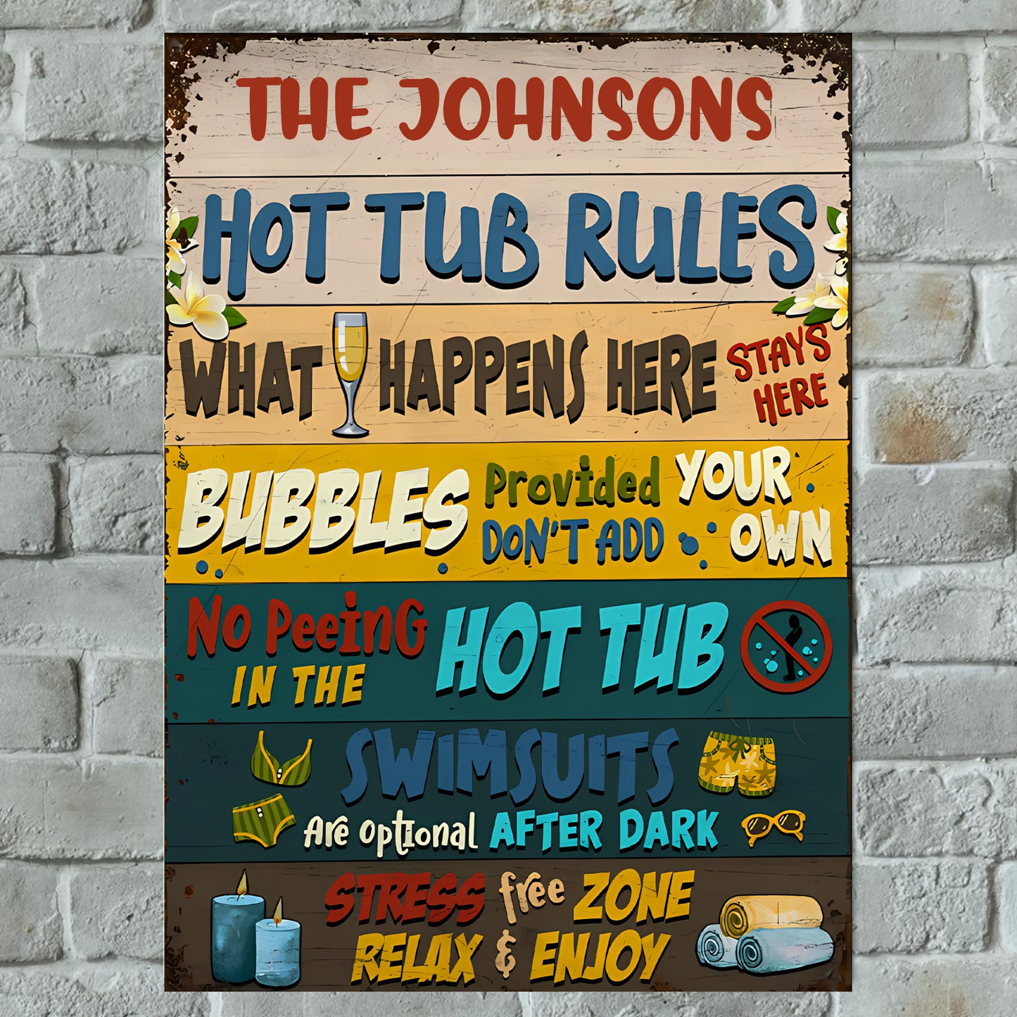 Hot Tub Rules Personalized Horizontal Metal Sign