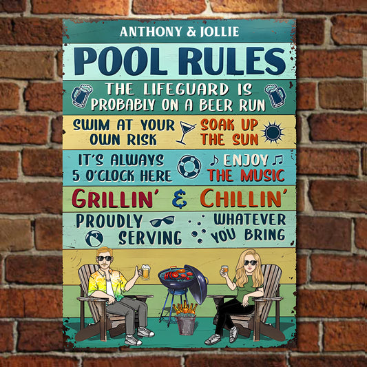 Pool Rules The Lifeguard Is Probably On Beer Run - Personalized Vertical Metal Sign