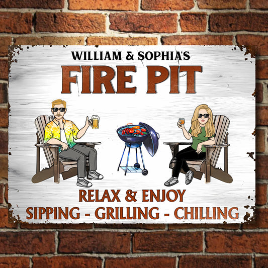 Relax & Enjoy Sipping, Grilling & Chilling - Personalized Horizontal Metal Sign
