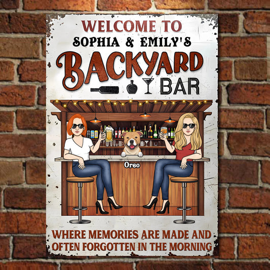 Patio Pets And Woman Where Memories Are Made And Often Forgotten In The Morning - Personalized Vertical Metal Sign