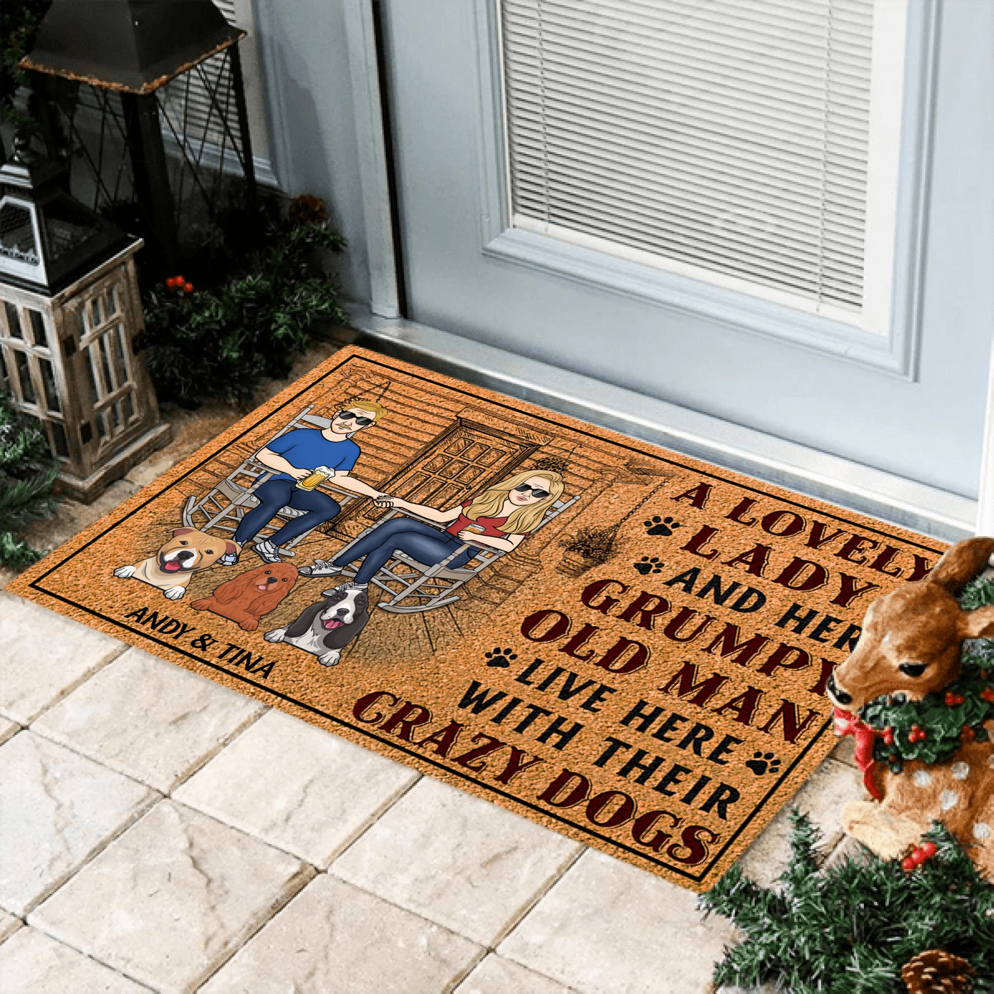 A Lovely Lady And A Grumpy Old Man Live Here With Dogs - Personalized Custom Doormat