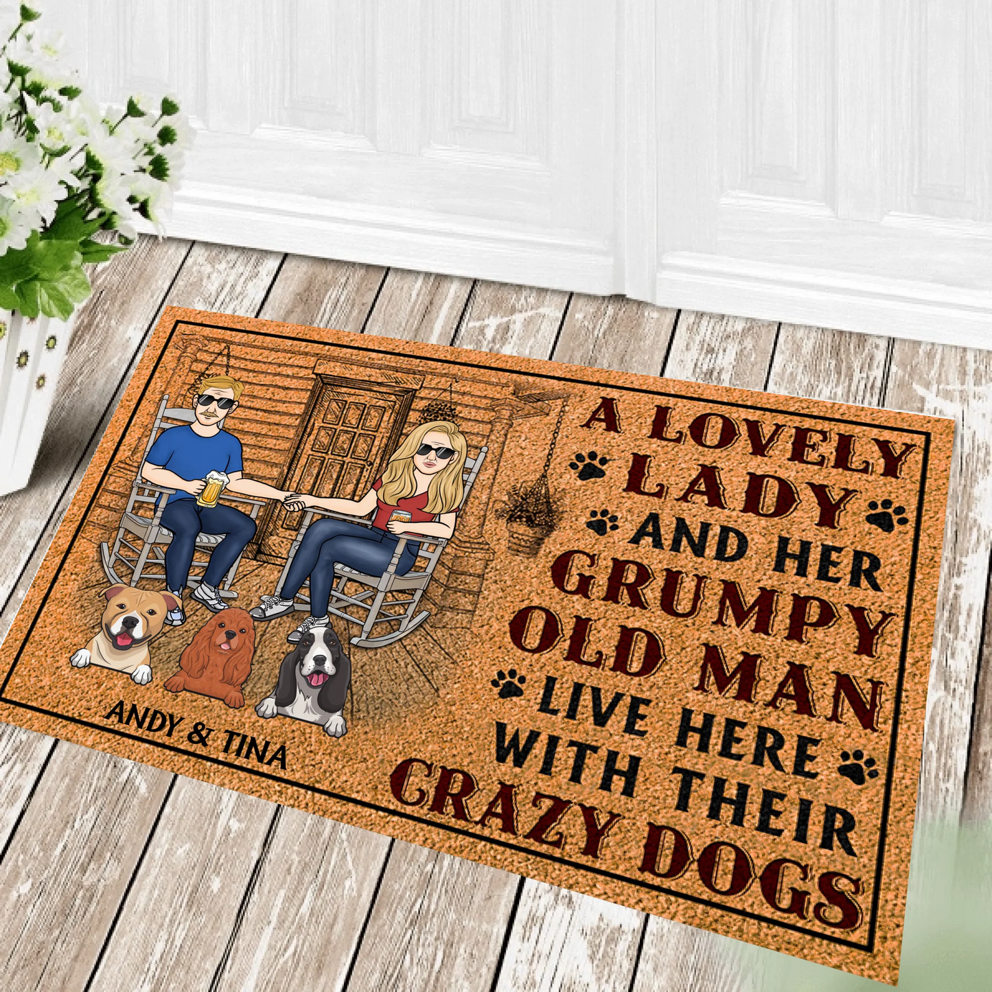 A Lovely Lady And A Grumpy Old Man Live Here With Dogs - Personalized Custom Doormat