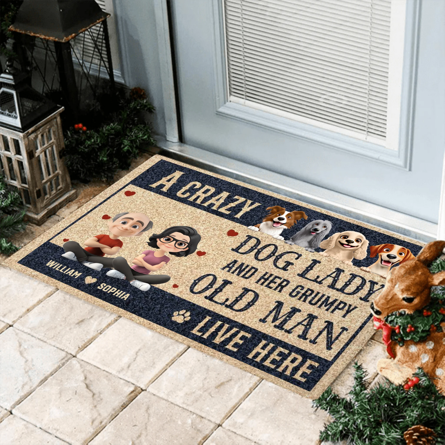 A Crazy Dog Lady And Her Grumpy Old Man Live Here - Personalized Custom Doormat