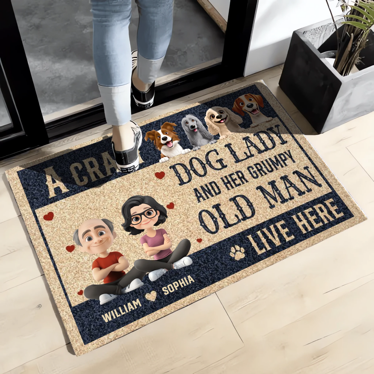A Crazy Dog Lady And Her Grumpy Old Man Live Here - Personalized Custom Doormat