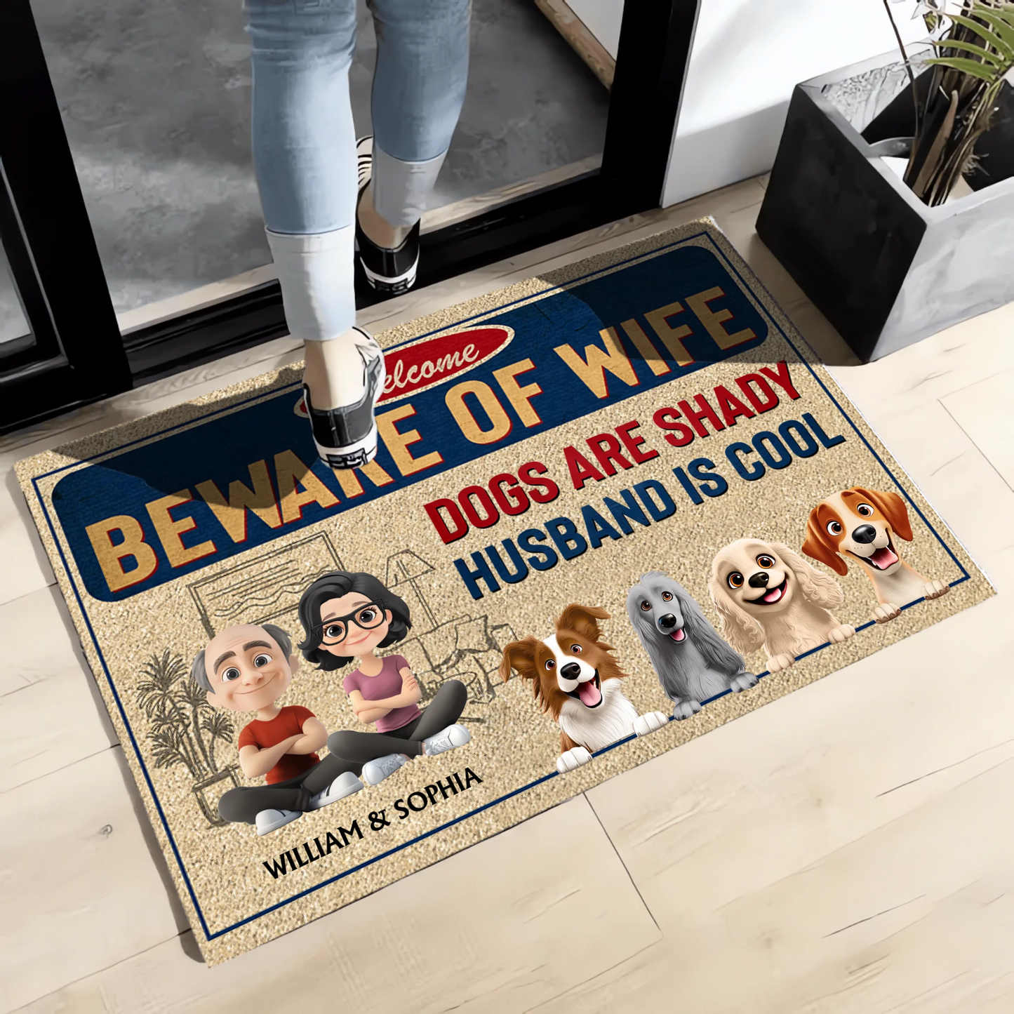 Beware Of Wife, Dogs Are Shady And Husband Is Cool - Personalized Custom Doormat