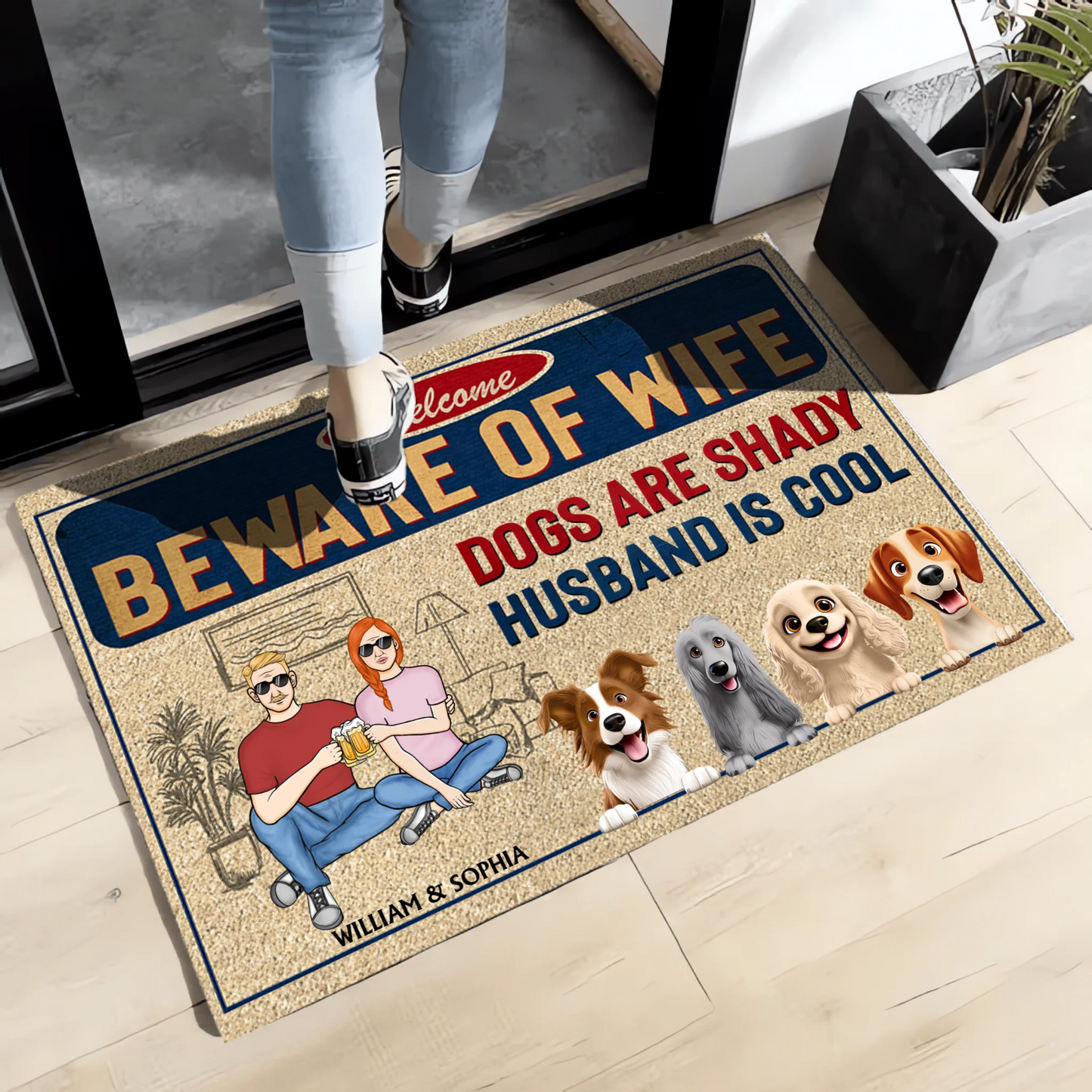 Beware Of Wife, Dogs Are Shady And Husband Is Cool 2 - Personalized Custom Doormat