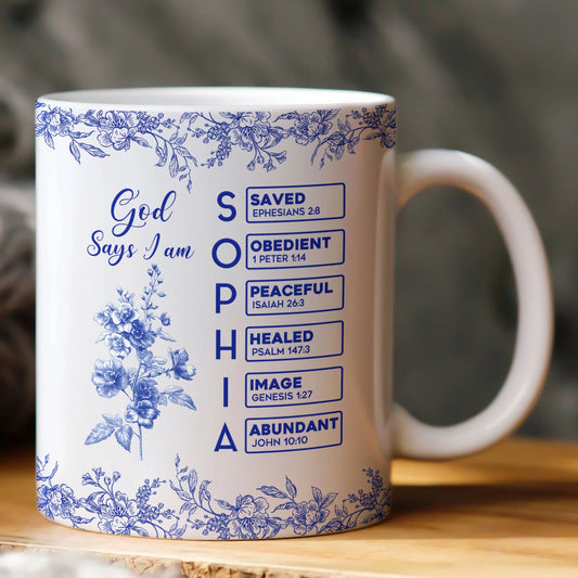 « Dieu dit que je suis » - Mug en céramique personnalisé - Cadeau pour la famille, les amis, le couple 