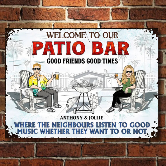 Poolside Grilling Listen To The Good Music Couple Husband Wife Version 2 - Backyard Sign - Personalized Custom Classic Metal Signs