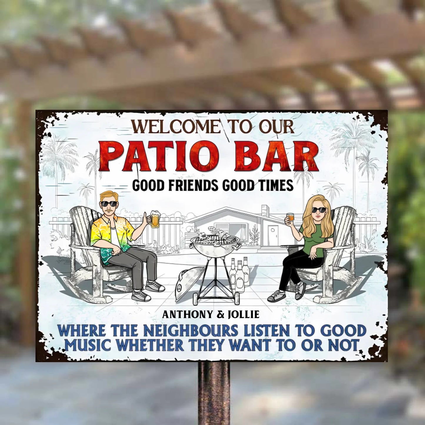 Poolside Grilling Listen To The Good Music Couple Husband Wife Version 2 - Backyard Sign - Personalized Custom Classic Metal Signs