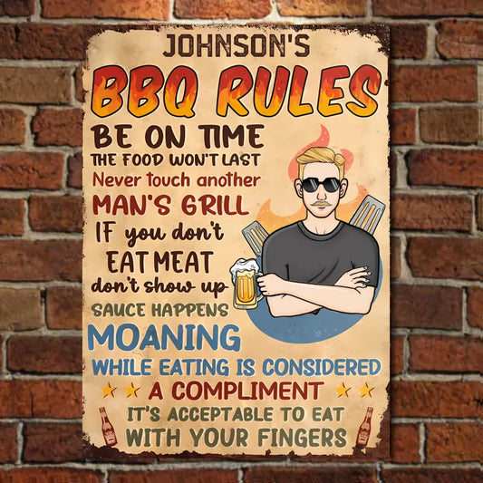 BBQ Rules Personalized Vertical Metal Sign - Gifts For Dad, Grandpa