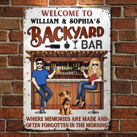 Patio Where Memories Are Made And Often Forgotten In The Morning Couple And Dogs - Personalized Vertical Metal Sign