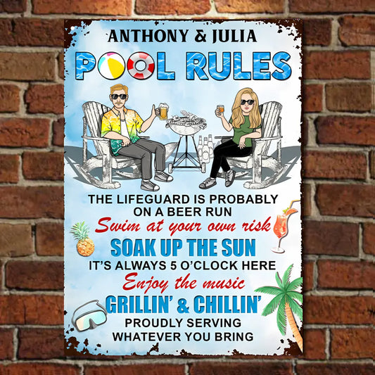 Pool Rules Swim At Your Own Risk Couple Husband Wife - Personalized Custom Classic Vertical Metal Signs
