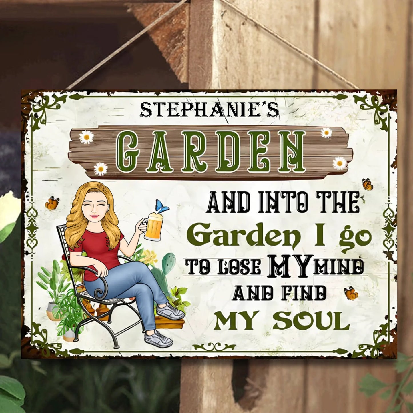 Et je vais au jardin pour me perdre et retrouver mon âme - Plaque métallique horizontale personnalisée - Cadeau pour les amoureux du jardin