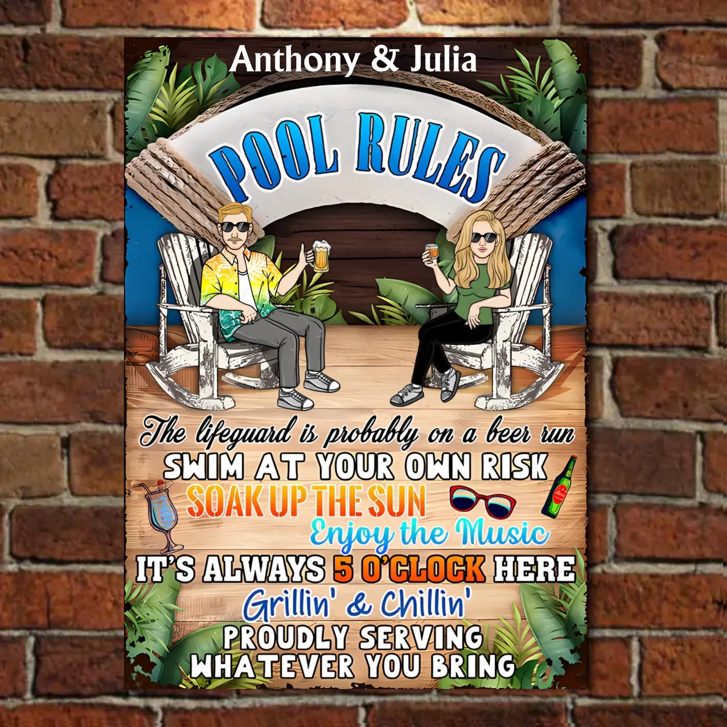 Summer Pool Rules Soak Up The Sun - Personalized Vertical Metal Sign - Gifts For Husband Wife, Couples