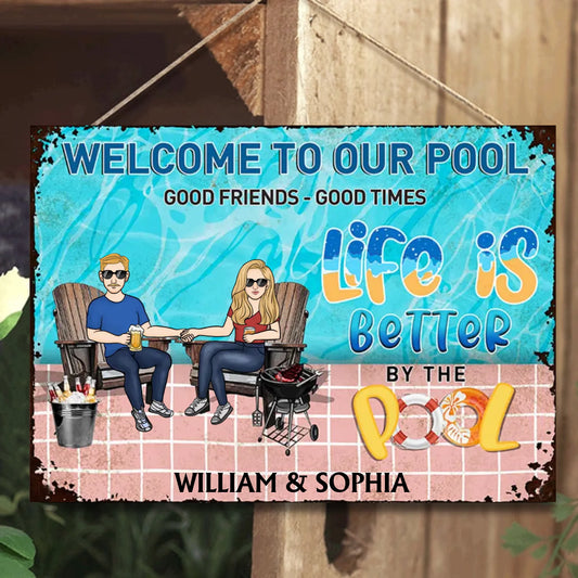 Welcome To Our Pool - Personalized Horizontal Metal Sign - Gifts For Husband Wife, Couples