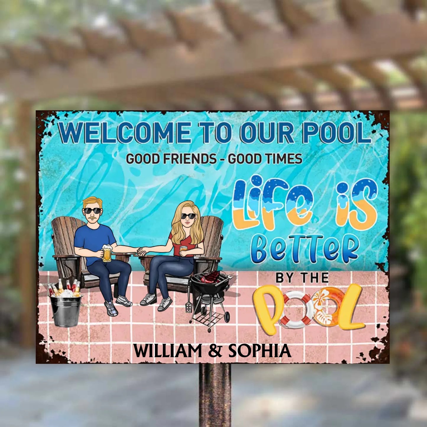 Welcome To Our Pool - Personalized Horizontal Metal Sign - Gifts For Husband Wife, Couples