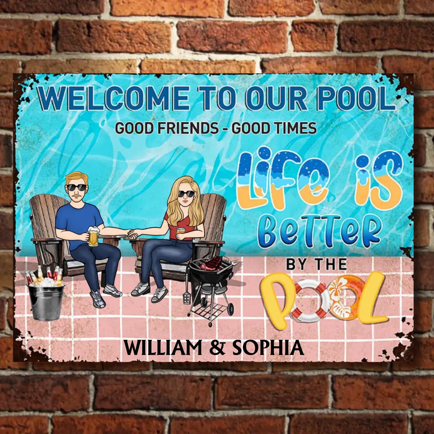 Welcome To Our Pool - Personalized Horizontal Metal Sign - Gifts For Husband Wife, Couples