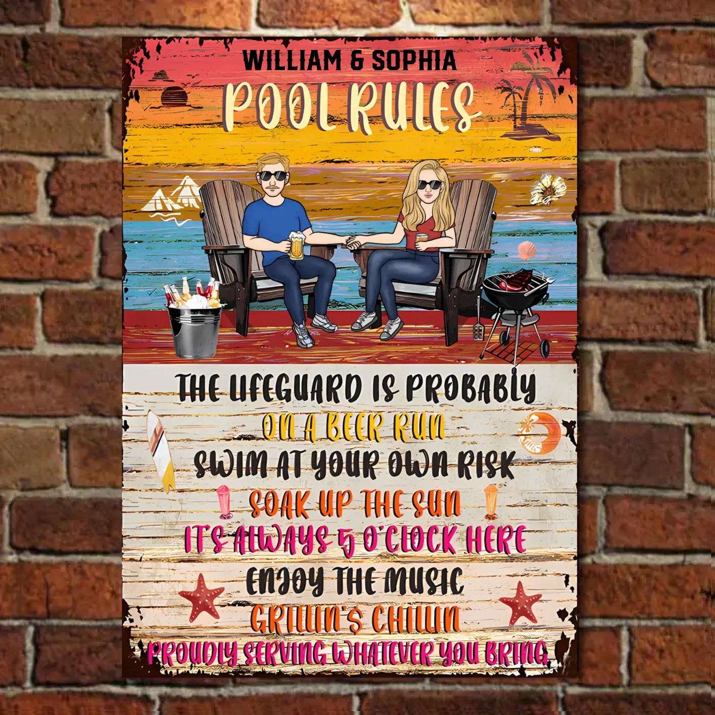 Swimming Pool Rules Couple - Personalized Vertical Metal Sign - Gifts For Husband Wife, Couples