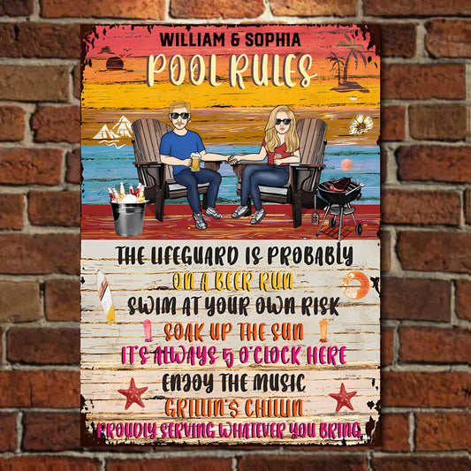 Swimming Pool Rules Couple - Personalized Vertical Metal Sign - Gifts For Husband Wife, Couples