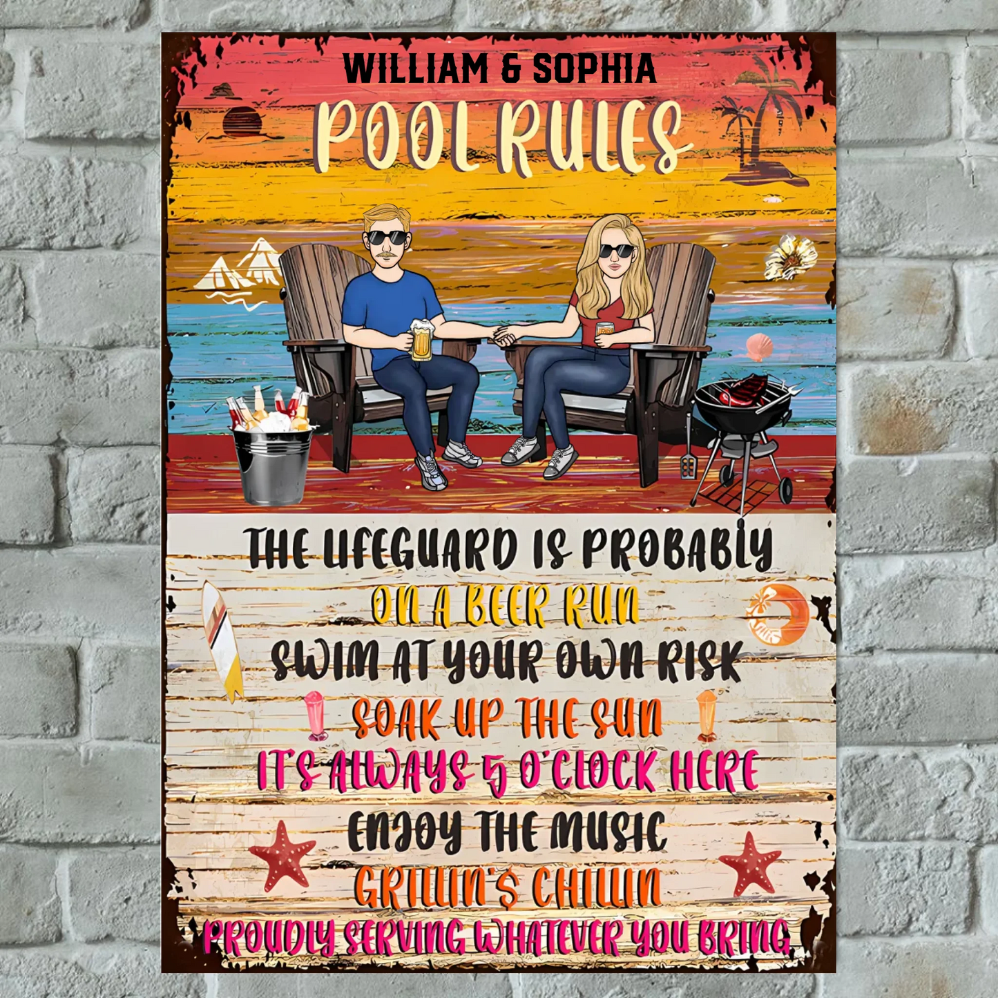 Swimming Pool Rules Couple - Personalized Vertical Metal Sign - Gifts For Husband Wife, Couples