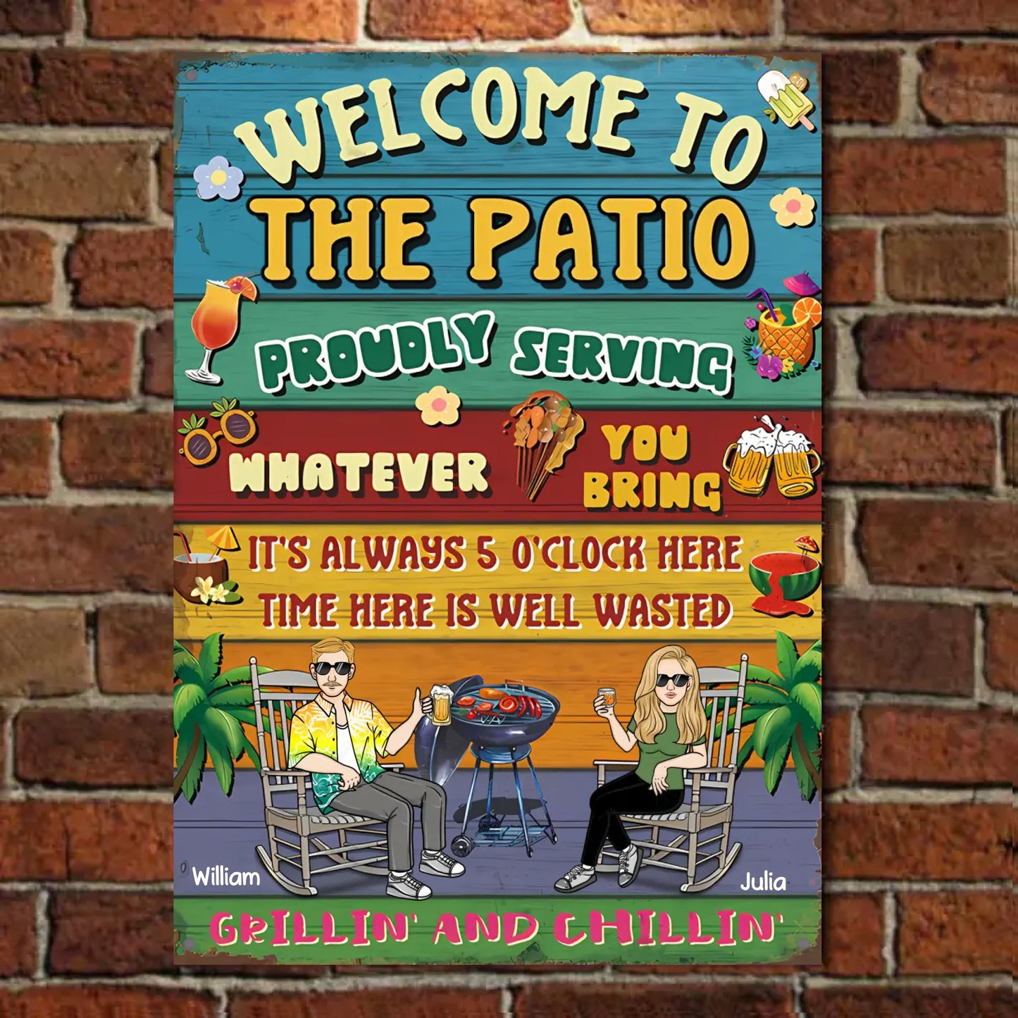 Welcome To The Patio - Personalized Vertical Metal Sign - Gifts For Husband Wife, Couples