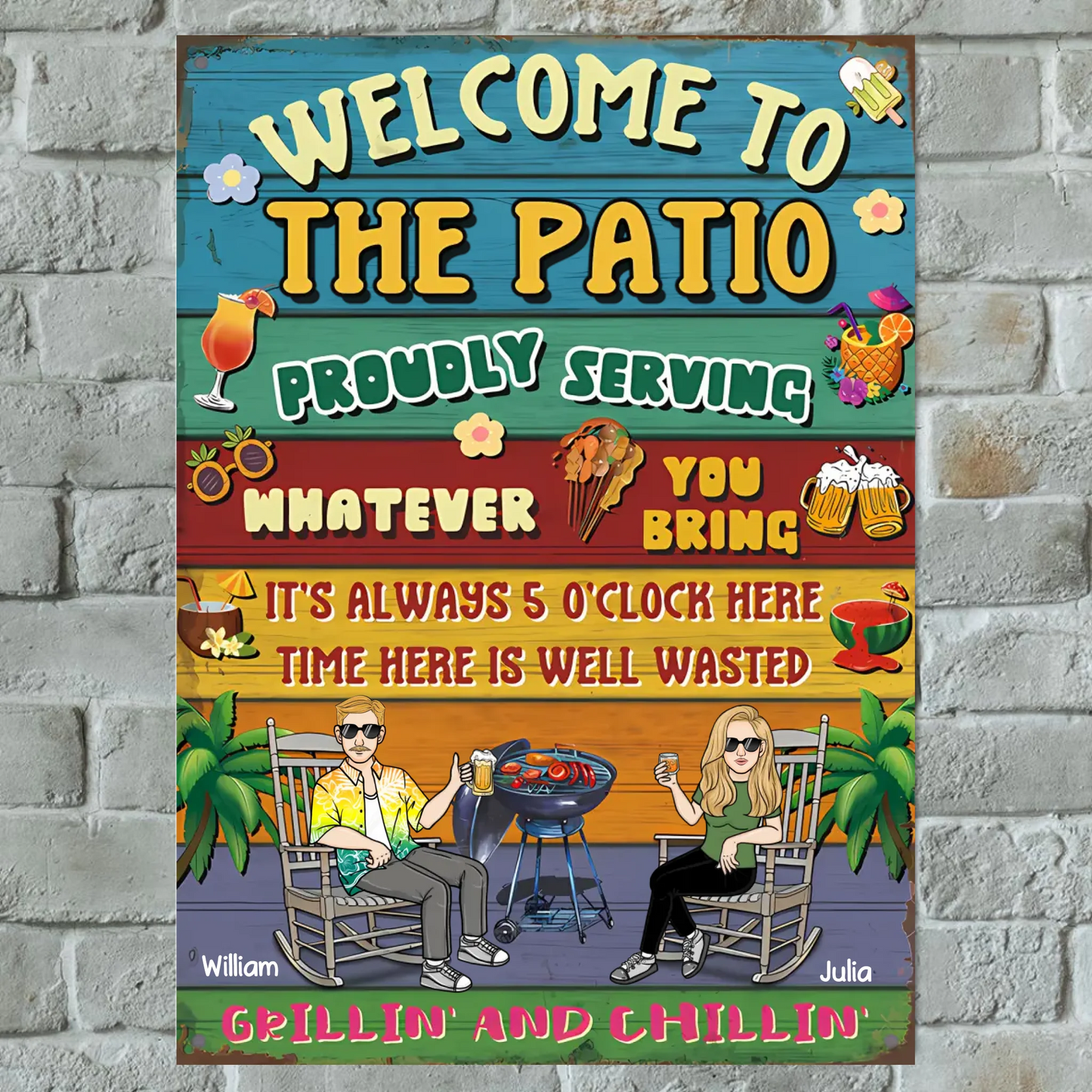 Welcome To The Patio - Personalized Vertical Metal Sign - Gifts For Husband Wife, Couples