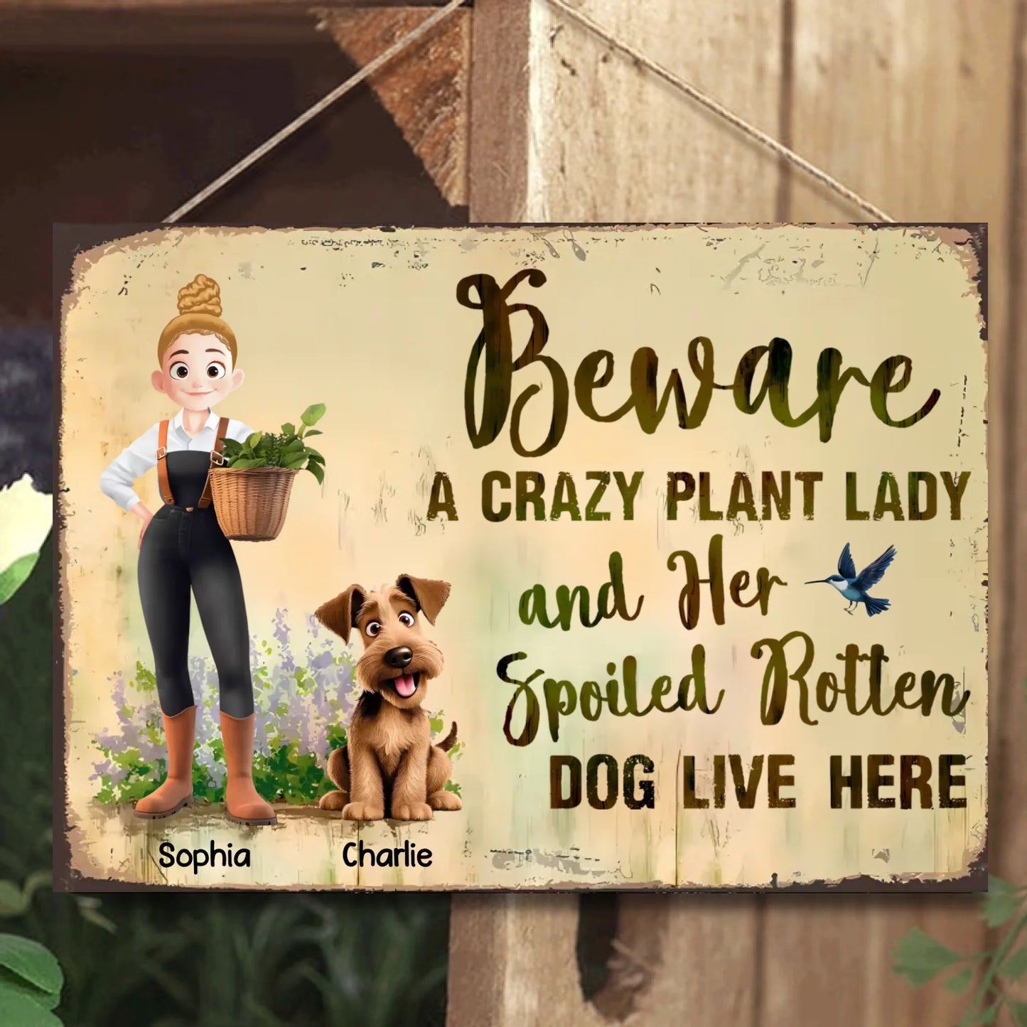 Beware, A Crazy Dog Lady And Her Spoiled Rotten Dog Live Here - Personalized Horizontal Metal Sign
