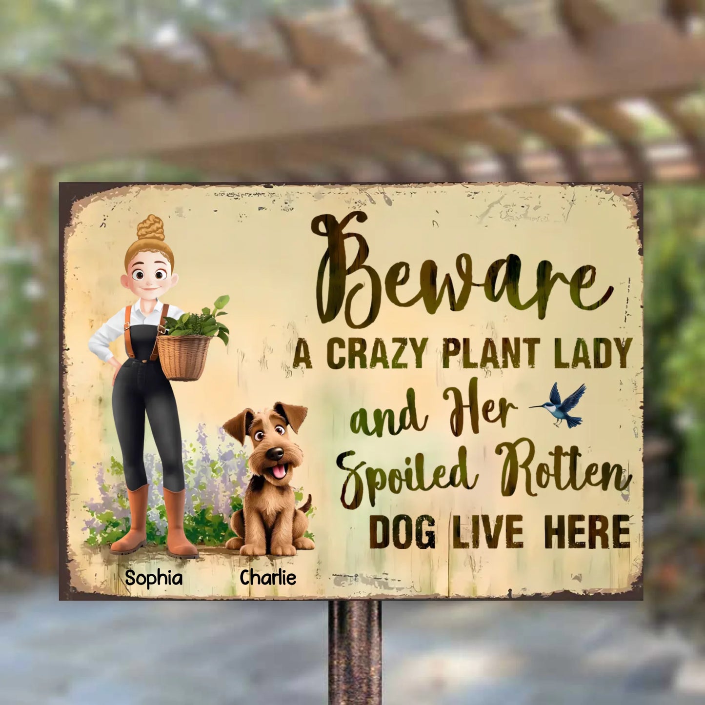 Beware, A Crazy Dog Lady And Her Spoiled Rotten Dog Live Here - Personalized Horizontal Metal Sign