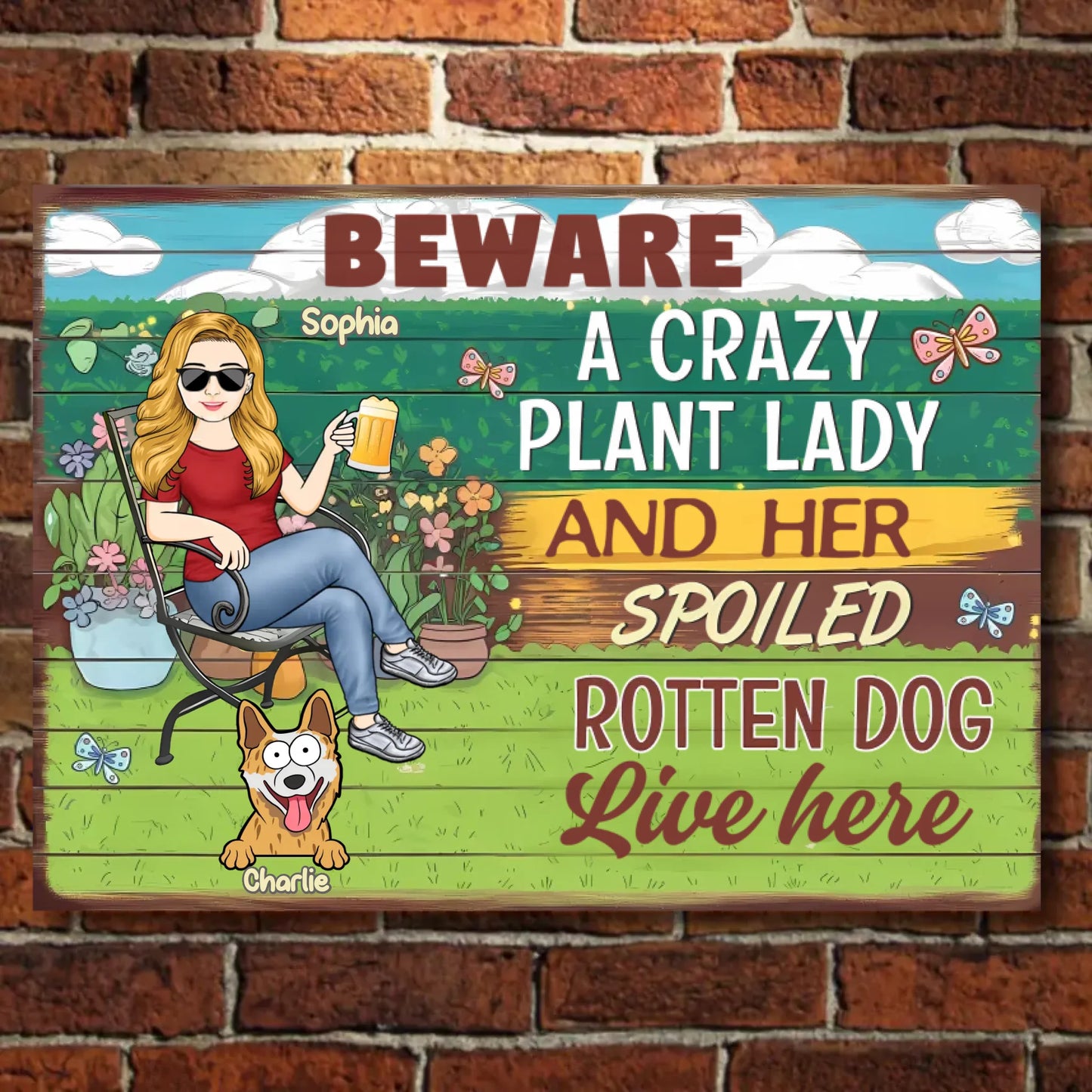 Beware A Crazy Plant Lady and Her Spoiled Dogs Live Here - Personalized Horizontal Metal Sign - Gift For Dog Lovers
