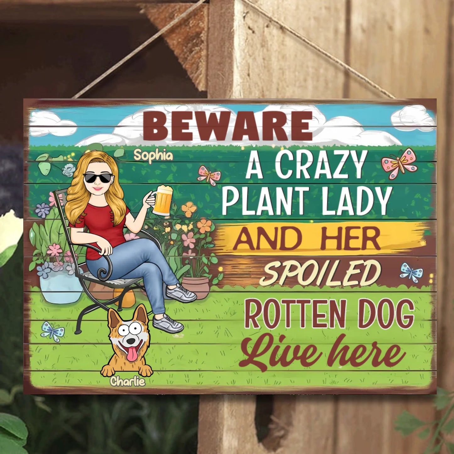 Beware A Crazy Plant Lady and Her Spoiled Dogs Live Here - Personalized Horizontal Metal Sign - Gift For Dog Lovers