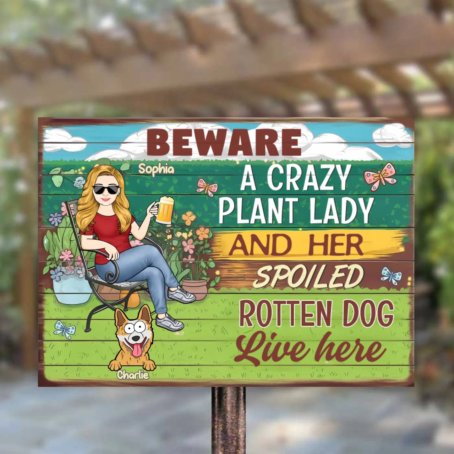 Beware A Crazy Plant Lady and Her Spoiled Dogs Live Here - Personalized Horizontal Metal Sign - Gift For Dog Lovers