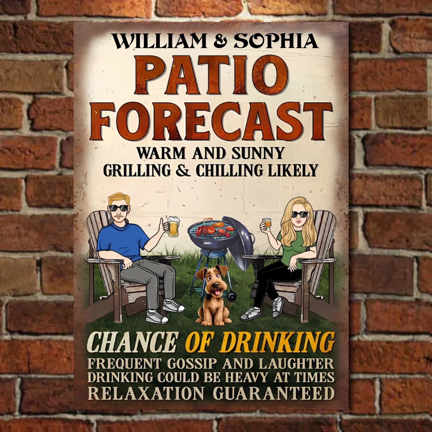 Backyard Bar Forecast Chance Of Drinking With Dogs - Personalized Vertical Metal Sign - Gift For Couples, Husband and Wife, Dog Lovers