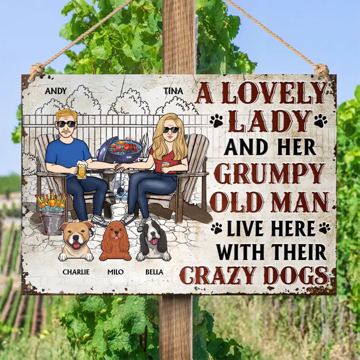 Dog Couple A Lovely Lady And A Grumpy Old Man Live Here - Personalized Metal Sign