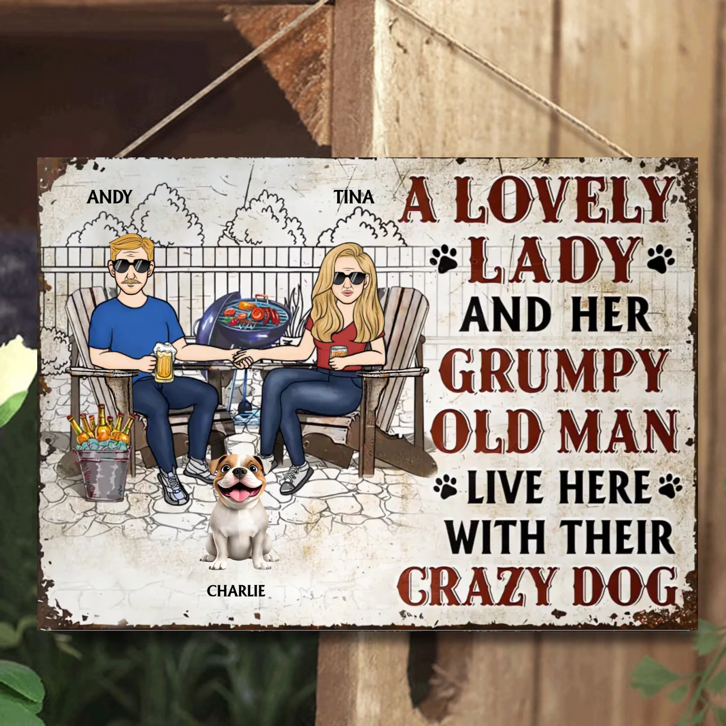 Dog Couple A Lovely Lady And A Grumpy Old Man Live Here 2 - Personalized Metal Sign