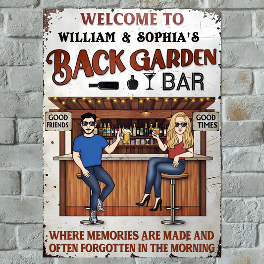 Patio où se créent les souvenirs et où l'on s'oublie souvent le lendemain matin - Panneau vertical personnalisé en métal 