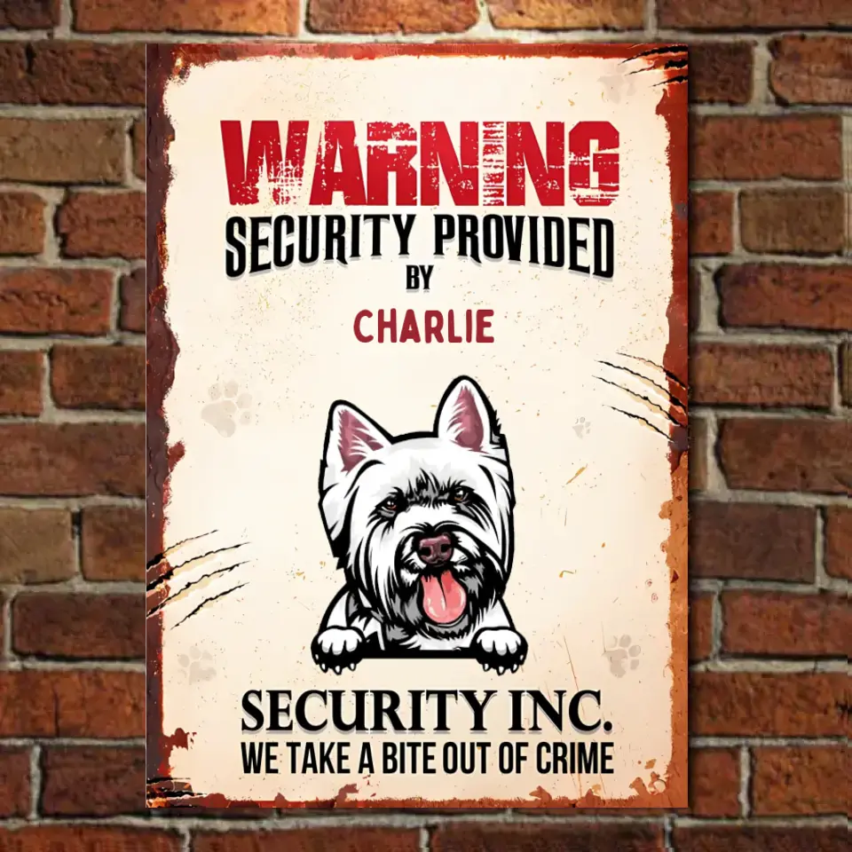 „Warning Security By Our Dog Cat“ – Personalisiertes vertikales Metallschild für Haustiere