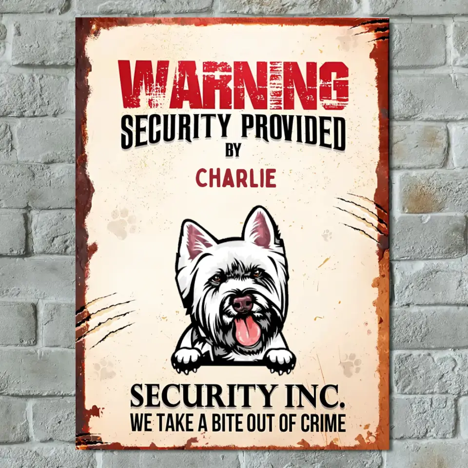 Advertencia de seguridad por parte de nuestro perro gato - Letrero metálico vertical personalizado para mascotas