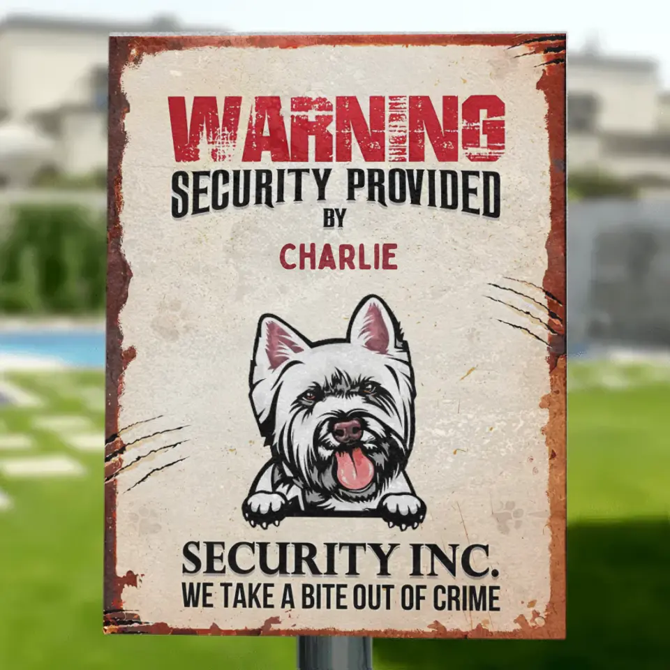 „Warning Security By Our Dog Cat“ – Personalisiertes vertikales Metallschild für Haustiere