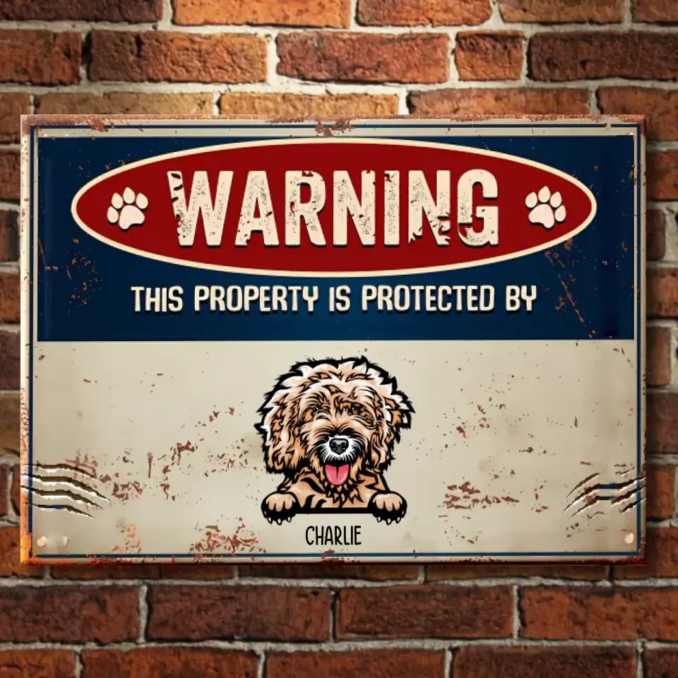 ¡Advertencia! Esta propiedad está protegida por perros y gatos: letrero metálico personalizado para mascotas