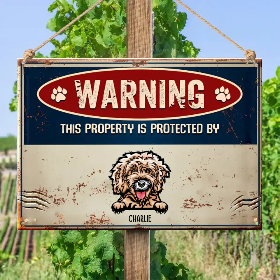 ¡Advertencia! Esta propiedad está protegida por perros y gatos: letrero metálico personalizado para mascotas