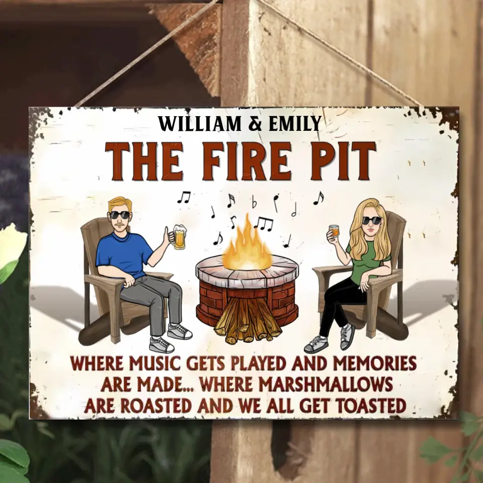 Fire Pit Where The Music Gets Plays 2 - Letrero de metal para acampar personalizado - Regalo para esposo, esposa y pareja 