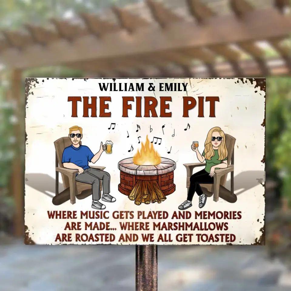 Fire Pit Where The Music Gets Plays 2 - Letrero de metal para acampar personalizado - Regalo para esposo, esposa y pareja 