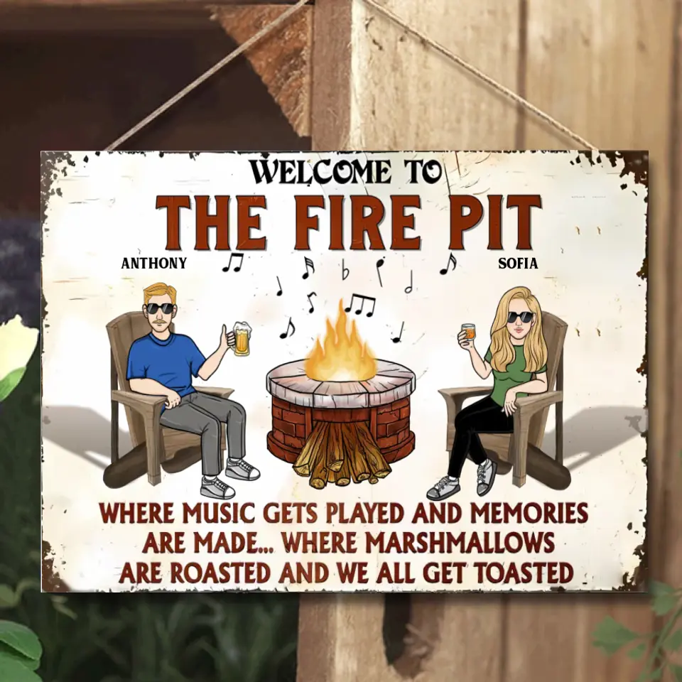 Feuerstelle, wo die Musik gespielt wird – personalisiertes Camping-Metallschild – Geschenk für Ehemann, Ehefrau, Paar 